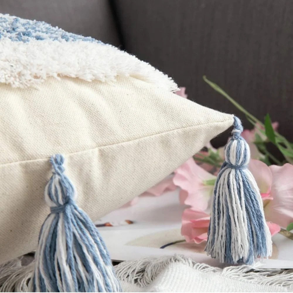 Luxury Home | Oversized Boho Chic Blue & White Tufted Tassel Corner Pillow Cover